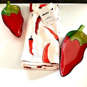 DKNY pepper Linens Set with chili pepper dishes for guac or salsa!